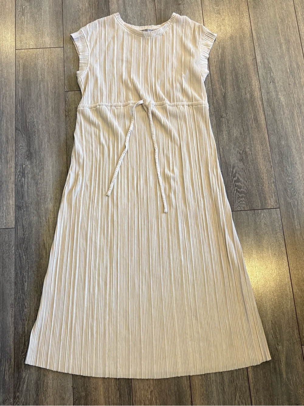 Thyme Maternity Cream Ribbed Midi Dress with Waist Tie
